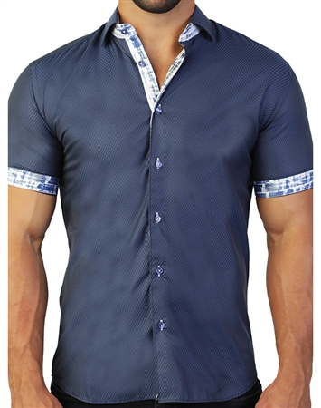 Dark Blue Short Sleeve Dress Shirt | Fashionable Men’s Wear | Maceoo ...