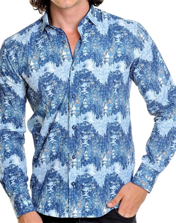 Blue wavy men's designer dress shirt | Mizumi Fashion