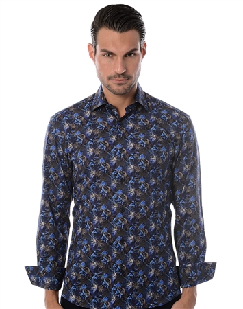 Navy Multi Designer Dress Shirt - Leaf Print Men's Shirt | Bertigo